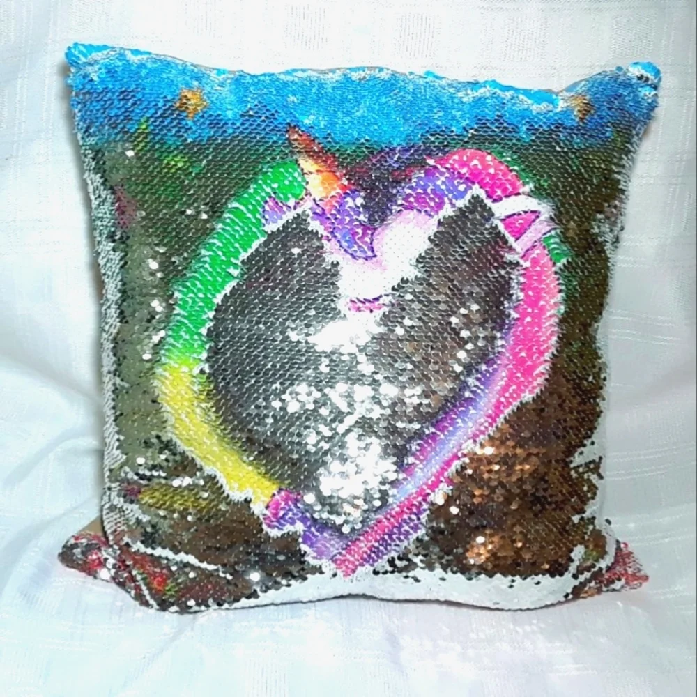 Unicorn Pillow Case Colorful Silver Rainbow Sequins w/ Zipper Kids Home Bedding